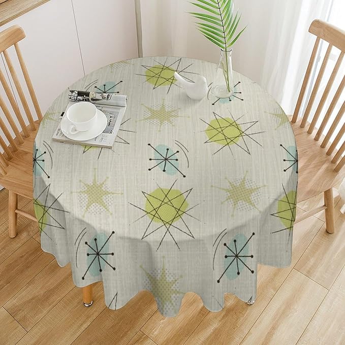 Mid Century Retro Round Tablecloth, Modern 1950s Style Abstract Geometric Vintage Print Tablecloth for Home Party Dining Room Kitchen Decor 60Inch(152cm)