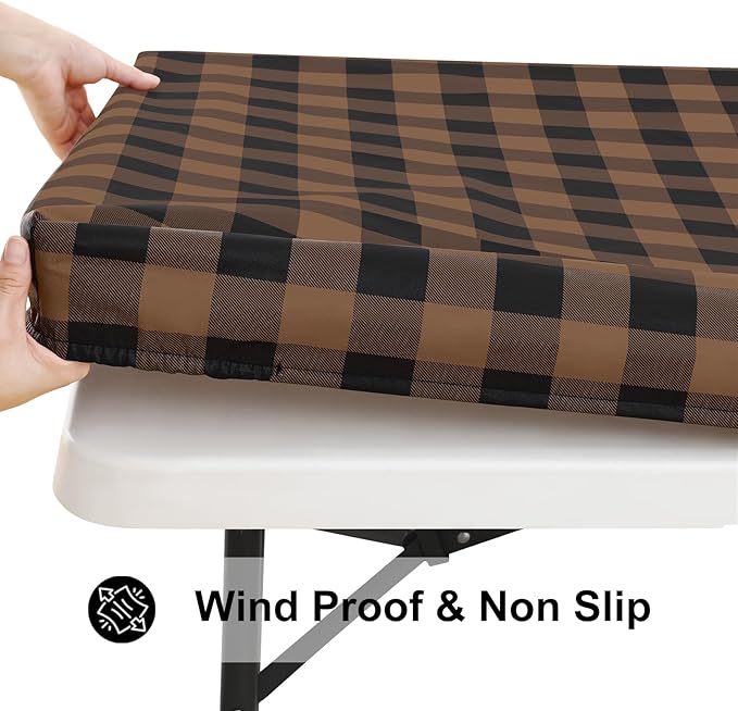 Smiry Rectangle Picnic Table Cloth, Elastic Waterproof Fitted Vinyl Tablecloths, Flannel Backed Buffalo Plaid Table Covers for Dining, Camping, Outdoor (Black and Brown, 30" x 96")