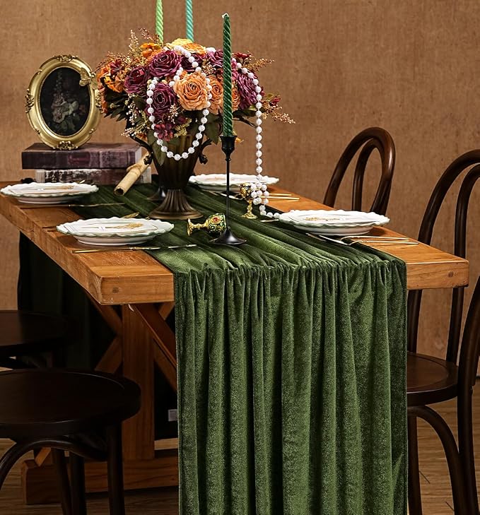Olive Green Velvet Table Runner 29x120 Inch 10ft Long Soft Velvet Fabric | 10ft - Image 7