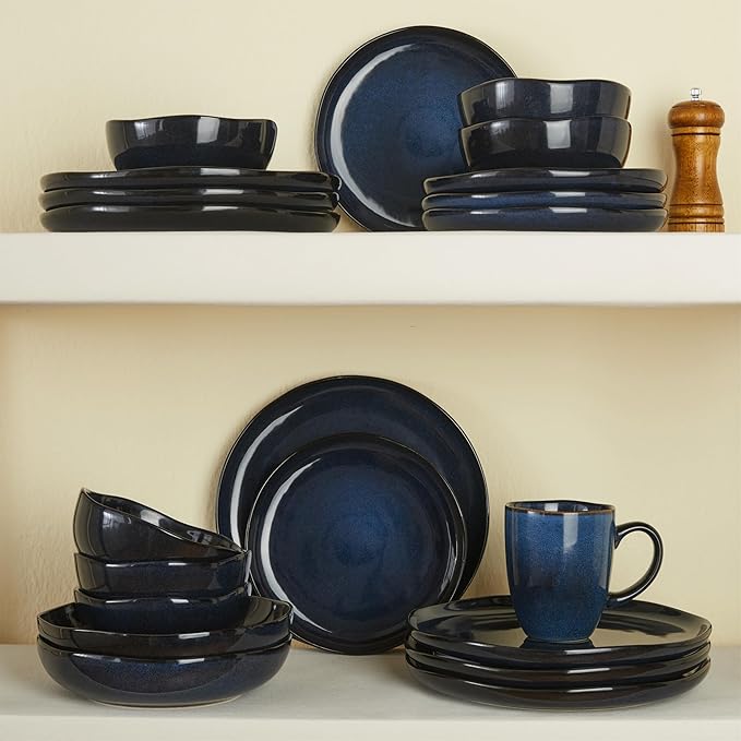 18 Piece Stoneware Dish Set for 6, Reactive Glaze Ceramic Plates and Bowls Set | Coastal‑Inspired Irregular Design for Casual Entertaining & Intimate Dinners | Dishwasher & Microwave Safe