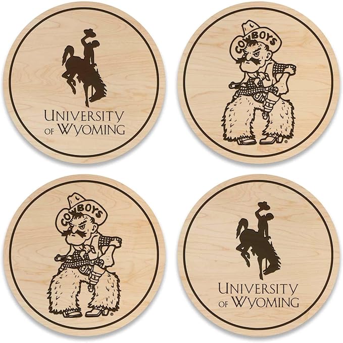 LazerEdge University of Wyoming Wooden Coaster Set - Maple Wood - Officially Licensed Product - 4-Pack