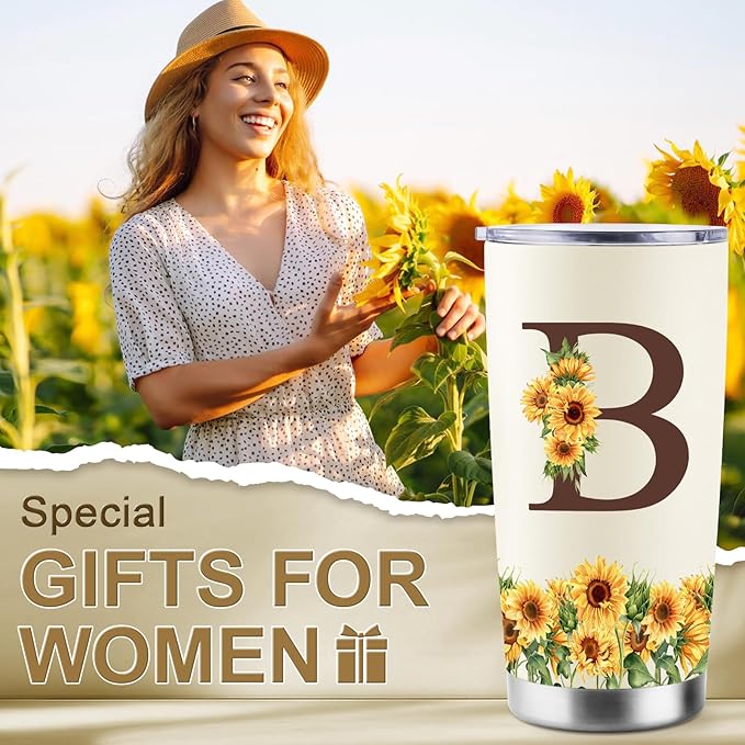 Sunflower Gifts for Women - Personalized Christmas Gifts for Women - Birthday Gift for Woman - Mothers Day Gift for Mom - Monogrammed, Initial 20oz Travel Cup Insulated Tumbler with Lid, B