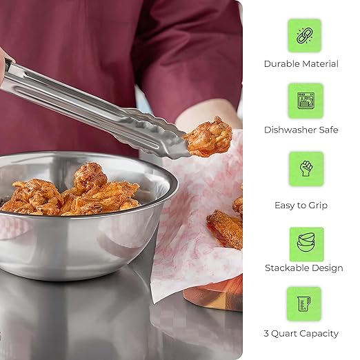 OCS Parts 3 Quart Mixing Bowls | Set of 2 | 9.75-Inch Stainless Steel Professional Grade Flat Base Mixing Bowls for Home and Commercial Kitchens | Dishwasher Safe