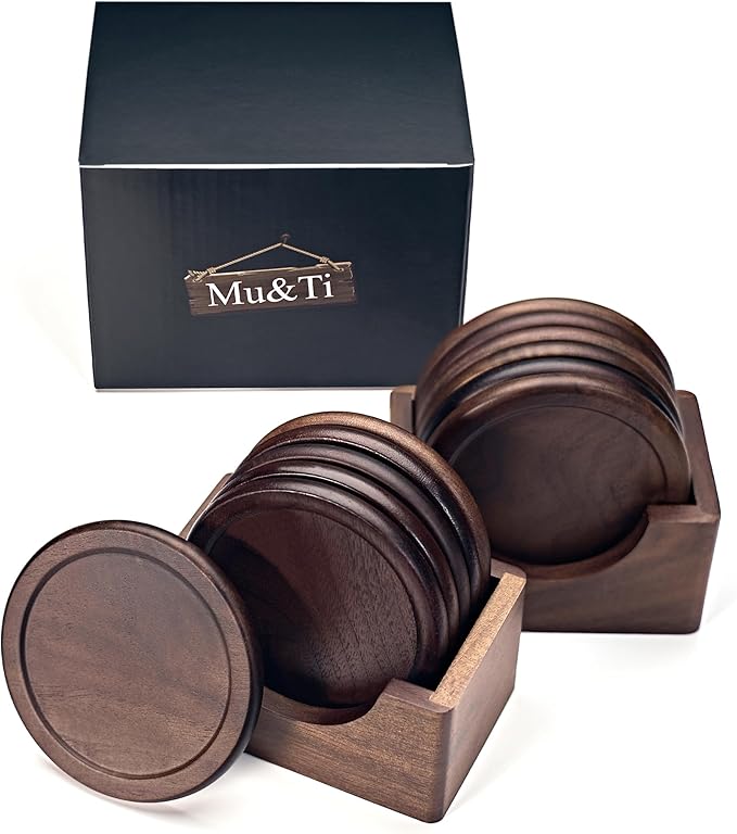 Mu&Ti Two Sets 100% Natural Wood Coaster, Coffee Beer Coaster, Walnut Dark Wood Wonderful Decor for Dining Tables and Office Tables, Holder Included (Black Walnut Two Sets)