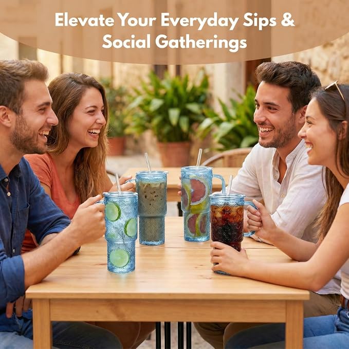 20 oz Blue Glass Tumbler with Lid and Straw, Glass Iced Coffee Cups, - Image 6