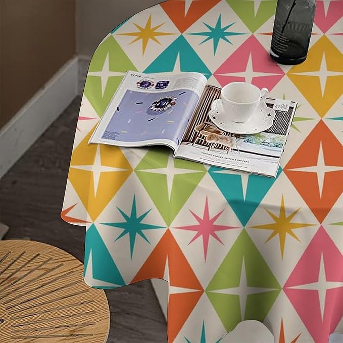 Abstract Geometric Round Tablecloth, Mid Century Retro Abstract Vintage Tablecloth for Home Party Dining Room Kitchen Decor 50Inch(127cm)