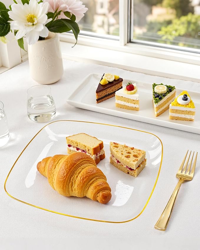bUCLA 100PCS Clear and Gold Plastic Plates Disposable - Square Gold Heavy Duty - Include 50 Each (Dinner & Dessert) Plates for Party & Thanksgiving