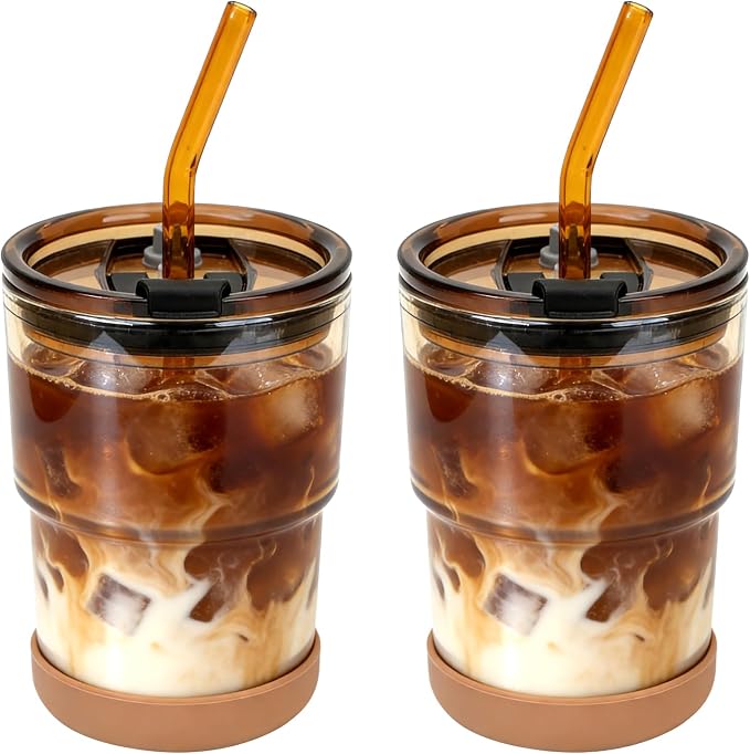 Zukro 13 oz Glass Cups with Lid and Straw 2 Pack, Non-Slip Rubber Bottom | Leak by ZukroDrinkware