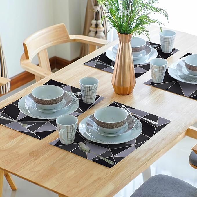 Black Table Mats Set of 4 - Mid Century Modern Placemats Gray Table Mats 12x18 for Party Kitchen Dining