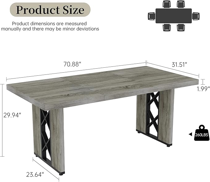 70.8" Farmhouse Dining Table for 6 People, Large Rectangle Kitchen Table with Heavy Duty Legs, Industrial Dining Room Furniture for Dinner, Grey