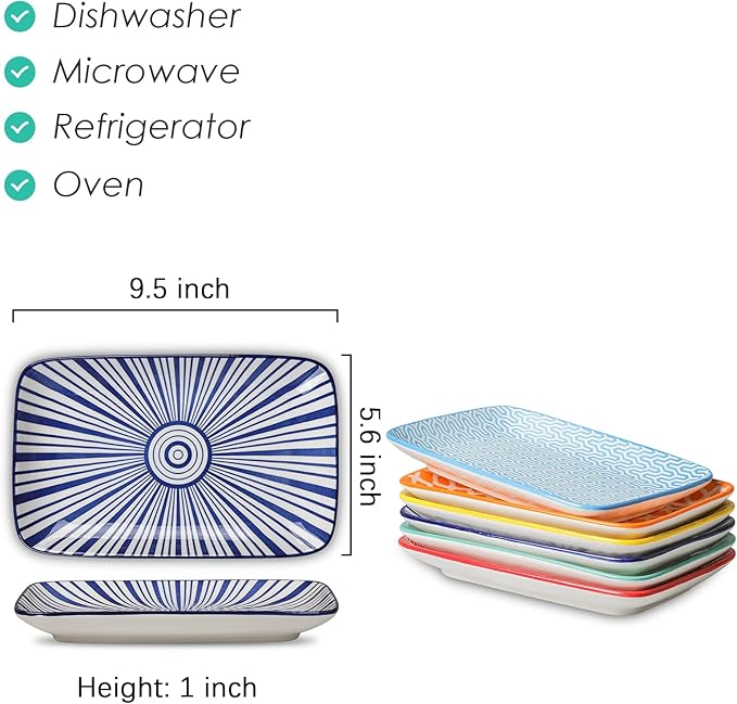 Selamica Ceramic 9.5 Inch Large Rectangular Salad Plates, Dinner Plates, Pasta Dessert Plates Serving Platters and Trays for Appetizer, Sushi, Fruit, Set of 6, Assorted Colors