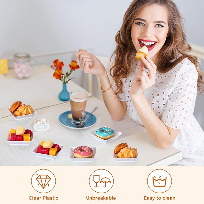 400 Pieces Mini Square Dessert Plates 2.5 x 2.5 Inch Disposable Appetizer Plates Small Clear Plastic Dish for Dessert Salad Appetizer Sauces Tastings Cake Wedding Party Serving (White)