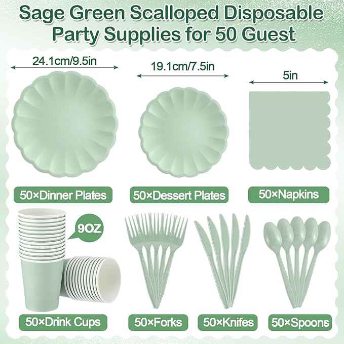 350 Pcs Light Green Scalloped Paper Plates Shell Edge Disposable Tableware Cocktail Napkins Cups Plastic Spoons Forks Knives for Wedding Baby Shower Picnic Birthday Party Supply for 50 Guests