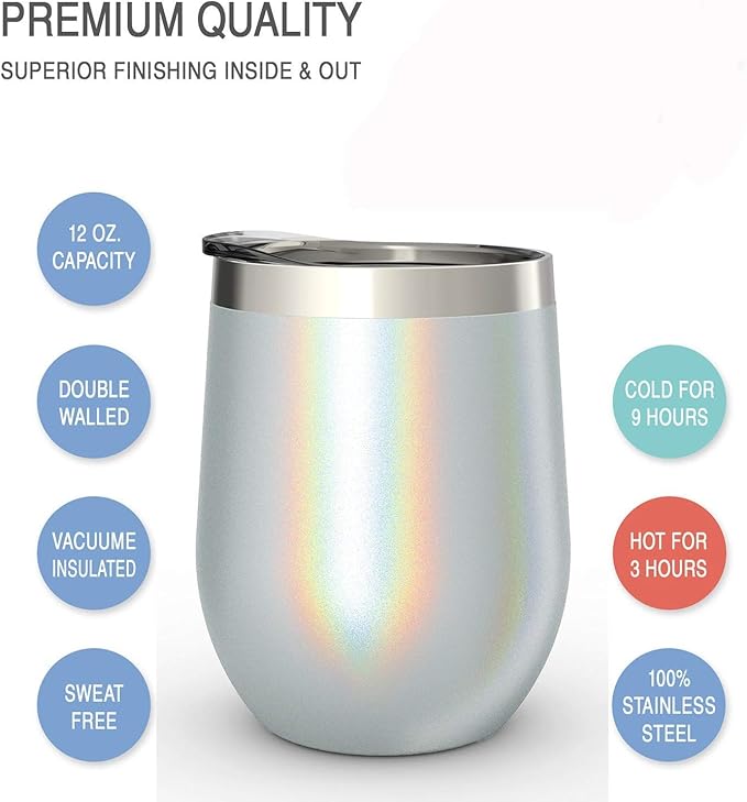 CHILLOUT LIFE 12 oz Stainless Steel Wine Tumblers 4 Pack - Double Wall Vacuum Insulated Wine Glasses Cups with Lids and Straws Set Keeping Cold & Hot for Coffee, Beer, Ice Cream - Holographic Glitter