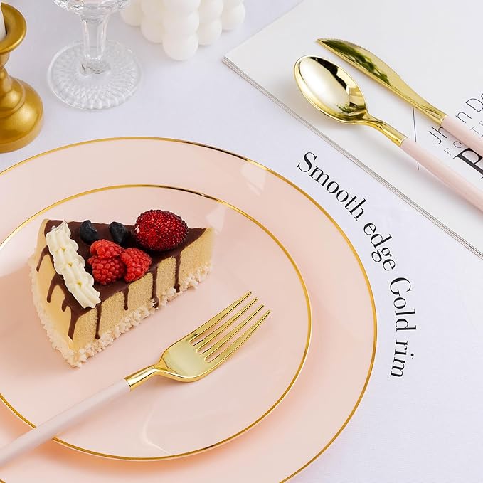 100 PCS Pink Gold Plastic Plates, 10 inch Pink Disposable Plates for Party, Plastic Dinner Plates for Party, Graduation, Wedding