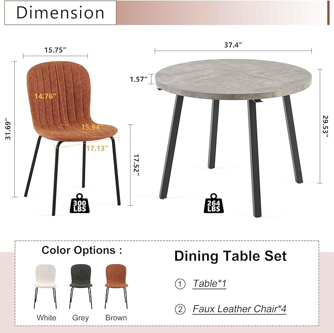 Round Dining Table Set for 4 with PU Leather Chairs - Modern Kitchen Table and Chairs Set for Small Spaces - Brown