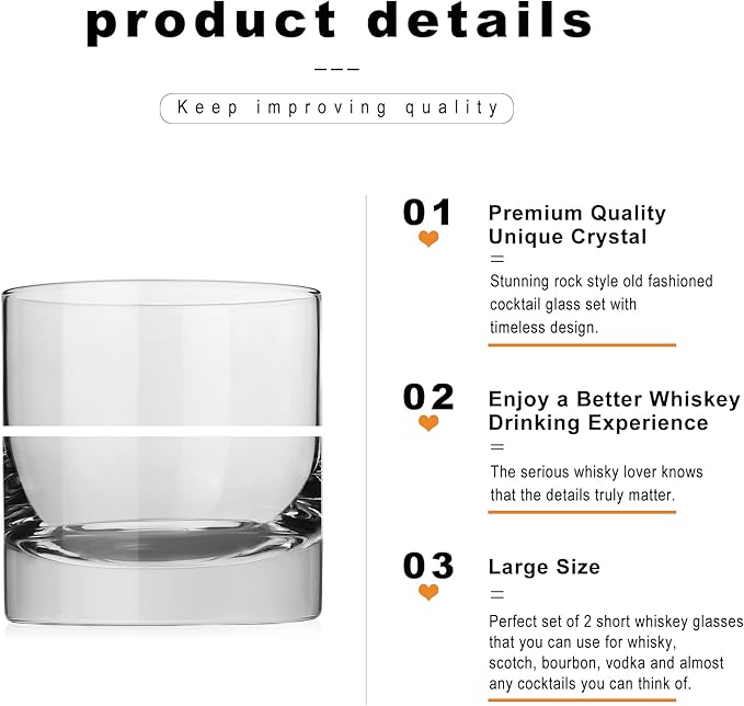 LUXU Crystal Whiskey Glasses, 13oz Heavy Base Old Fashioned Rocks Glasses - Lowball Bar Glasses for Bourbon, Scotch Whiskey, Cocktails, Cognac - Large Cocktail Tumblers Set of 2