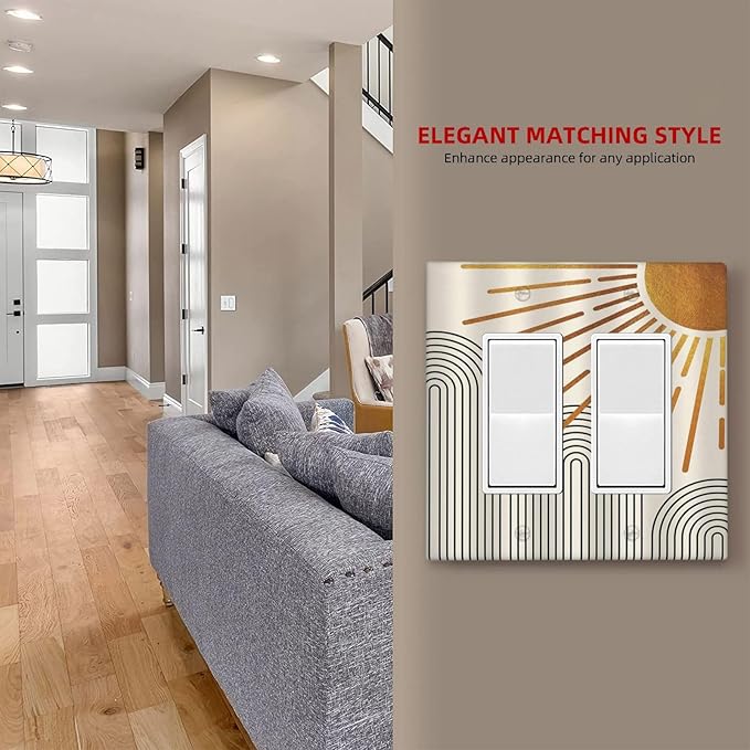 Outlet Covers Mid Century Boho Sun Beige Minimalist Abstract 2 Gang Light Switch Cover Double Rocker Wall Plate Decorative GFCI Receptacle Electrical Switchplate for Bathroom Bedroom（2 Pack）