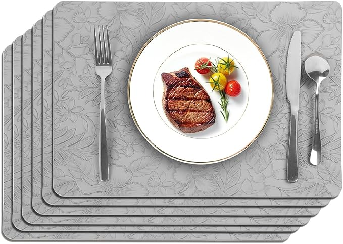 SolaraDawn Faux Leather Table Placemats Set of 6, Washable, Wipeable & Heat-Resistant Table Mats, Waterproof Dining Place Mats with Embossed Texture for Kitchen & Dining, Light Gray, 17" × 12"