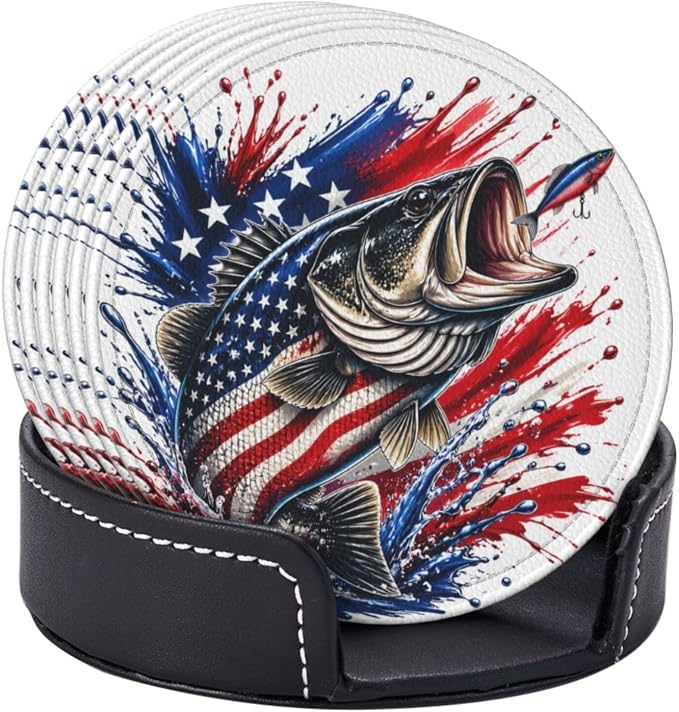 Patriotic Bass Fishing Splash Leather Coasters Set of 6 - Image 2