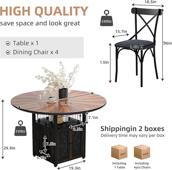 47" Round Dining Table Set for 4-6 People, Large Farmhouse Kitchen Dining Table Set with Chairs and Storage Rack, Metal Base Round Table for Home Dining Room Living Room (Cat table and 4 black chairs)