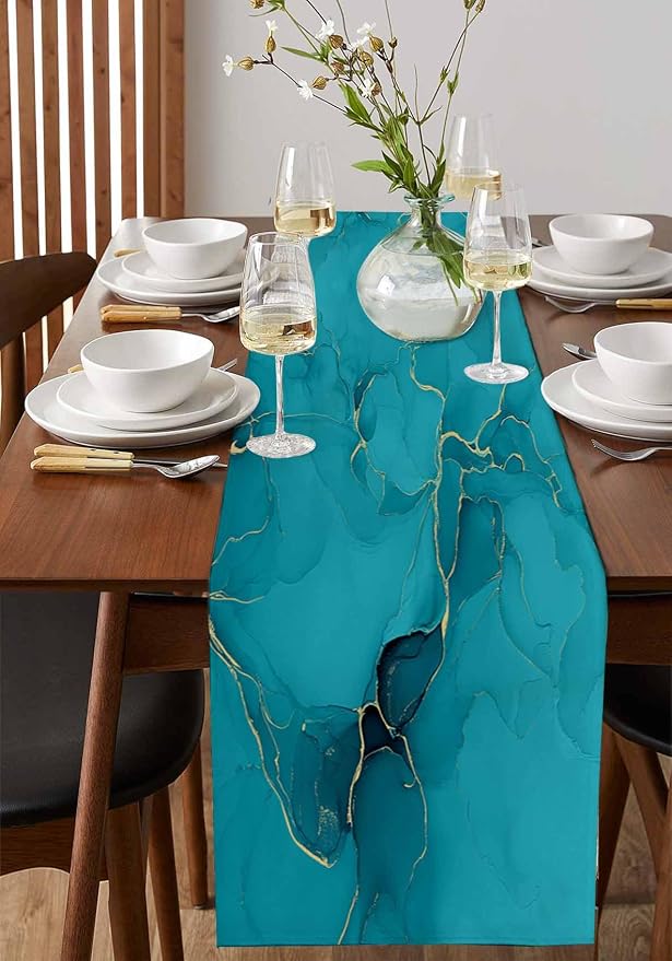 Teal Marble Table Runners 60 Inches Long, Turquoise Marble Crack Table Runner - Image 2