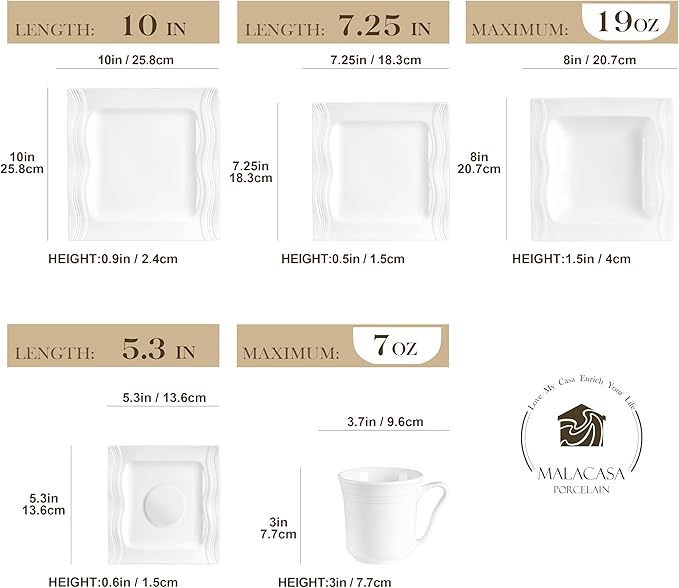 MALACASA 30 Pieces Dinnerware Sets, Modern Ivory White Plates and Bowls Sets for 6, Porcelain Dish Set with Dinner Plate, Dessert Plate, Soup Plate, Cup and Saucer, Square Dishware Set, Series Mario