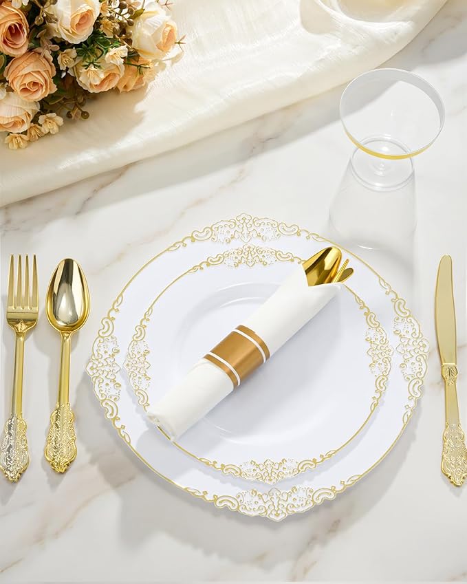 Goodluck 350 Piece Gold Plastic Dinnerware Set for 50 Guests, Fancy Disposable Plates, Include: 100 Gold Rim Plastic Plates, 150 Silverwares, 50 Pre Rolled Napkins, 50 Cups for Party, Wedding
