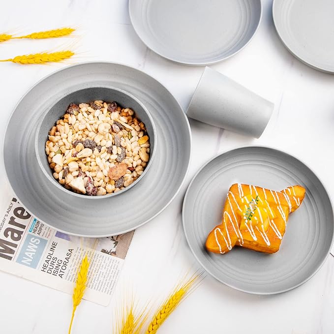 Supernal 32pcs Wheat Straw Dinnerware Sets, Plates and Bowls Sets,Reusable Plastic Plates,Grey Dish Set for 8 include 16pcs Dishes, 8pcs Bowls, 8pcs Cups,Dishwasher Safe.