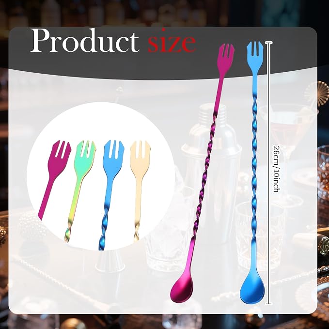 Boao 4 Pcs 10 Inch Long Bar Spoon Cocktail Spoon Stirring Mixing Stainless - Image 2