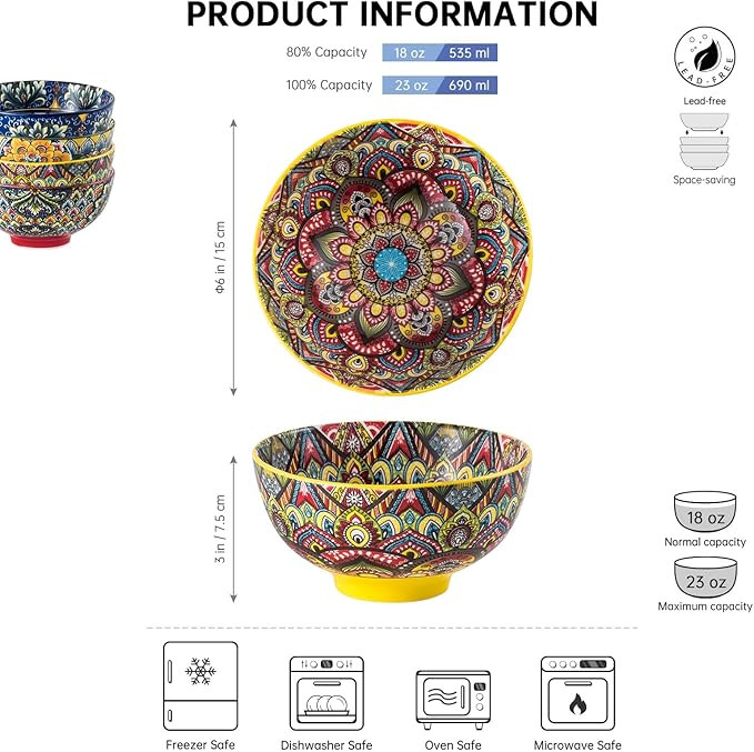 Henten Home Ceramic Soup Bowls Set of 4, Bohemia 22 oz Cereal Bowls Set, Porcelain Serving Bowls for Dinner, Salad, Pasta, Fruit, Decorative, Microwave & Dishwasher Safe
