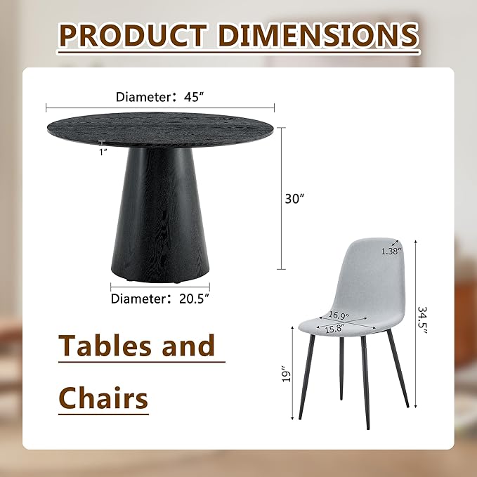 Round Dining Table Set for 6, 45" Modern Faux Marble Kitchen Table and Upholstered Chairs, 7 Piece Circle Dinner Set for Dining Room, Kitchen (Black Set)