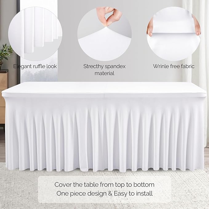 Wish Care 6 Pack White Spandex Table Clothes for 8 Foot Rectangle Tables, 8FT Wrinkle Free Fitted Tablecloths Ruffles Design Table Cover for Party, Banquet, Wedding and Events