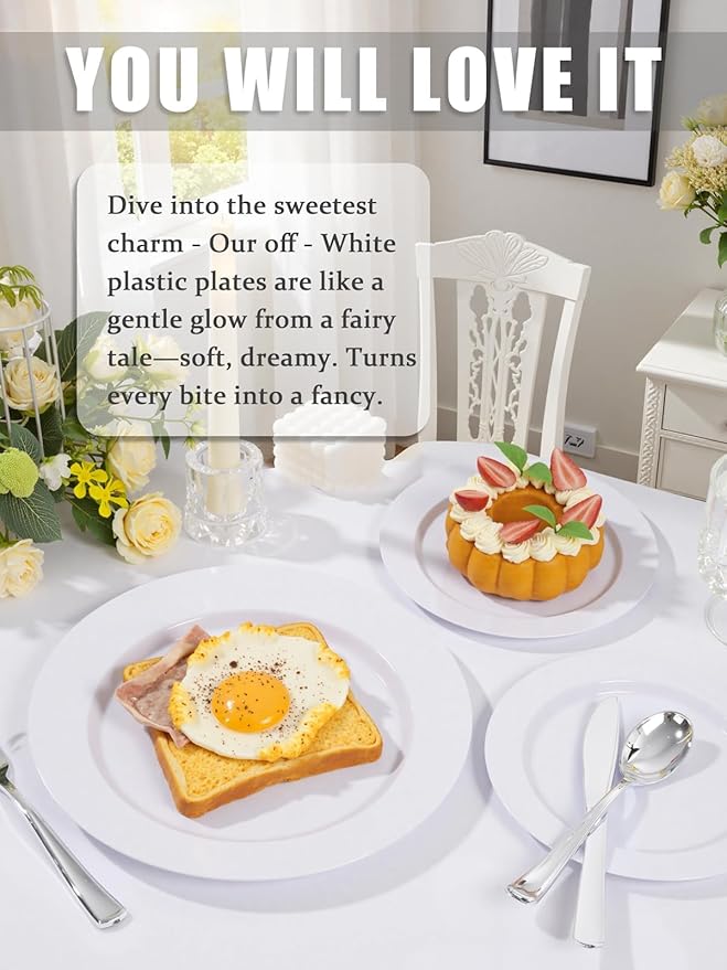 WDF 200pcs White Plastic Plates Disposable - Heavy Duty Plastic Plates for Party - Include 100 x 10 Dinner Plate and 100 x 7 Dessert/Cake Plate - Ideal for Weddings/Parties/Events