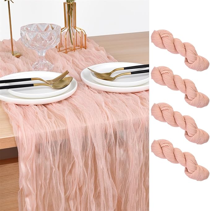 Joanlody Peach Cheesecloth Table Runner Spring Easter 10Ft Rustic Gauze Boho Cheese Cloth Table Runner for Wedding Bridal Baby Shower Decoration 4 Pack