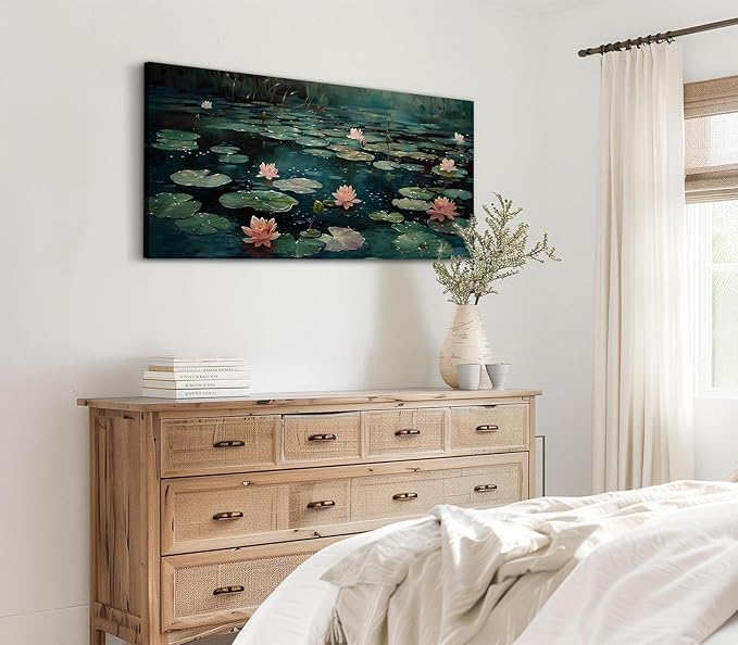 ADJUVANT Wall Art Impressionist Water Lily Pond 40" L x 20" W, Pink Lotus Flowers on Dark Blue Water Canvas Painting Nature Artwork Prints Wall Decor for Living Room Bedroom Bathroom Home Office
