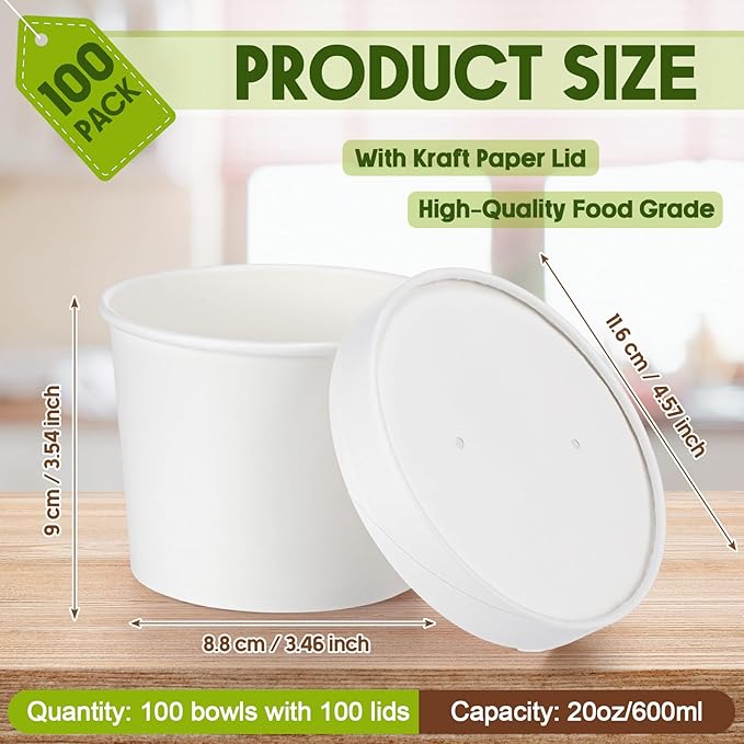 Fulmoon 100 Pack Paper Soup Containers with Lids Disposable Paper Food Containers with Vented Lid Kraft Ice Cream Cake Dessert Cups Soup Bowl for Party Hot Food Fruit Microwave(20 oz,White)