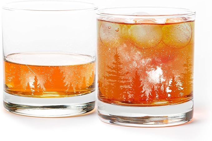 Black Lantern Whiskey Glasses - Set of 2 Old Fashioned Glasses for Cocktails and Drinking Glasses - Rock Glasses for Nature Lovers - Set of 2 Kitchen Glasses (Stars & Night Landscape)