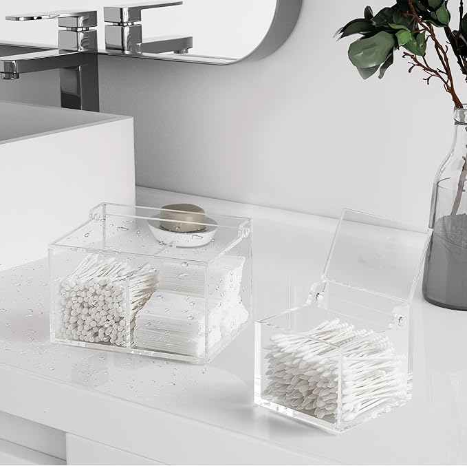 Clear Acrylic Cotton Swab Ball Holder Qtip Organizer with Lid 2-Grid Canister for Make Up Pads, Floss Picks, Vanity Storage,Bath Salts, Cosmetics, Home Bathroom Decor (DP004)