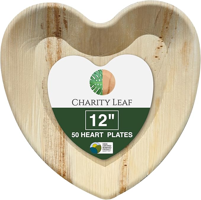 Charity Leaf Disposable Palm Leaf 12" Heart Plates (50 pieces) Bamboo Like Serving Platters, Disposable Boards, Eco-Friendly Dinnerware For Valentines, Weddings, Catering, Events