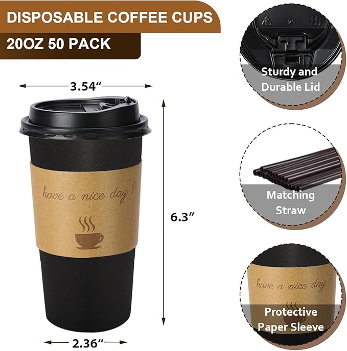 50 Pack 20 oz Disposable Coffee Cups with Lids, Paper Hot Coffee Cups with Sleeve and Straw, To Go Cups for Home, Office and Party (Black 20oz)