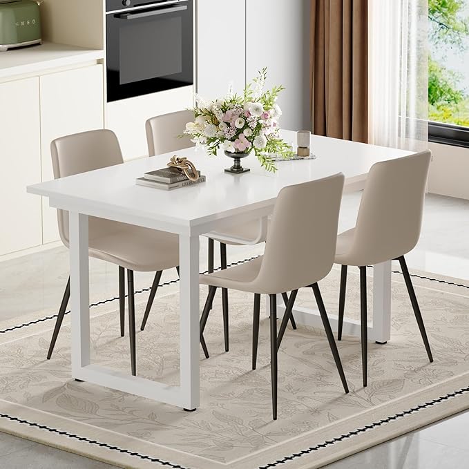 Extendable Dining Table Set for 8, 55"–71" Modern White Kitchen Table with 8 Upholstered Chairs, Space-Saving for Living Room Apartment, Sturdy & Comfortable, Easy Assembly