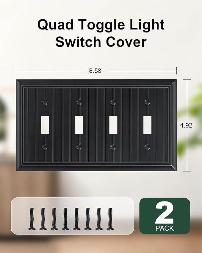 2-Pack Classic Beadboard Quad Toggle Light Switch Cover Plate, Black Decorative Switch Plate Covers, Natural Bamboo Fiber 4 Gang Wall Plate for Toggle Switch and Rotary Dimmer Switch