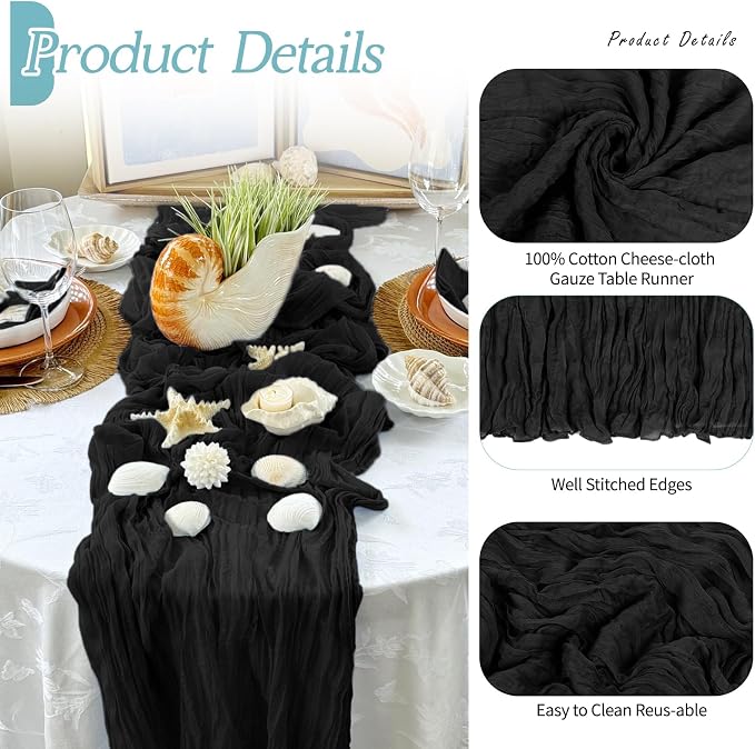 3 Pack Black Cheesecloth Table Runner 17x108 Inch Semi Sheer Boho Gauze Cheese - Image 5