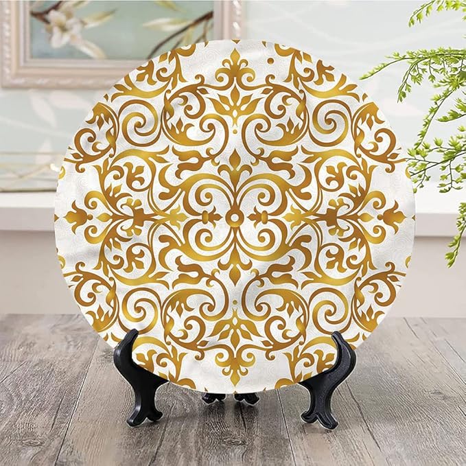 Ceramic Display Plate, Victorian Ceramic Hanging Decorative Plate, Victorian Lace Floral, 8 Inch, Living Room Kitchen Decoration Household, Golden