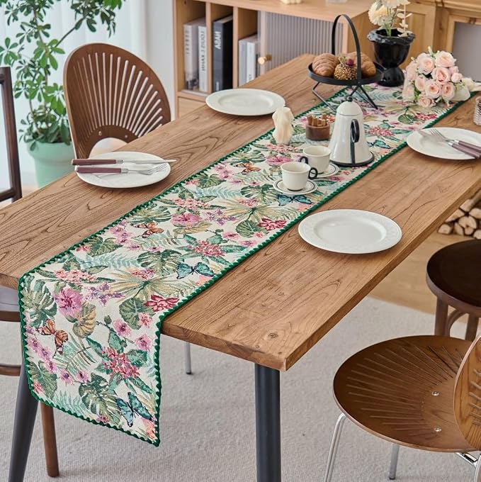 Monstera Botanical Floral Table Runner Green 12 x 71 Inch | Tropical Butterfly - Image 3