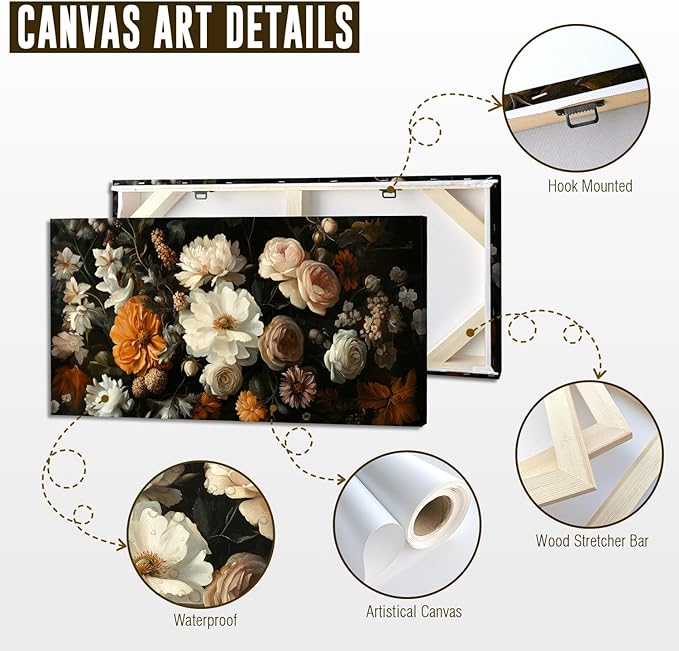 ADJUVANT Wall Art Vintage Floral Bouquet 40" L x 20" W, Flowers Peonies And Roses Canvas Painting Botanic Artwork Blossoms Prints Floral Wall Decor for Living Room Bedroom Dining Room Home Office