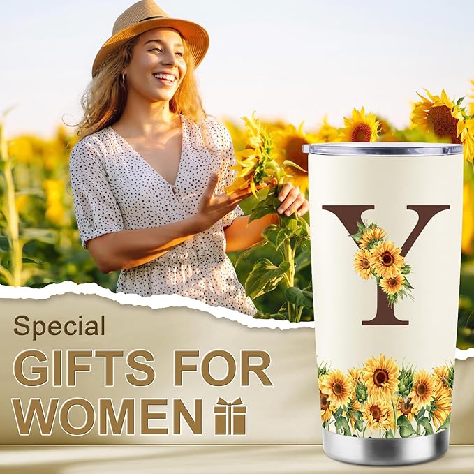 Sunflower Gifts for Women - Personalized Christmas Gifts for Women - Birthday Gift for Woman - Mothers Day Gift for Mom - Monogrammed, Initial 20oz Travel Cup Insulated Tumbler with Lid, Y