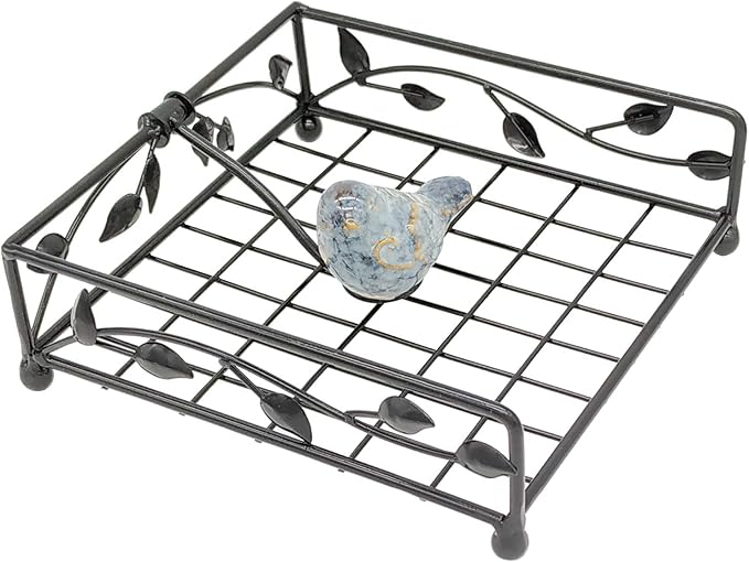 OwlGift Collection Black Coated Metal Flat Napkin Holder Dispensing Stand w/Ceramic Bird, Kitchen and Countertop Flat Napkin Storage Organizer