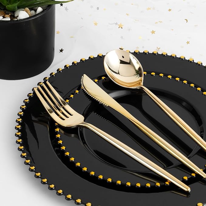 EI 60pcs Black Plastic Plates,Black and Gold Plastic Plates Disposable,Fancy Heavy Duty 10" Dinner & 7" Dessert Plate for Party,Birthday,Anniversary,Wedding,Afternoon Tea,Business Events,Banquets